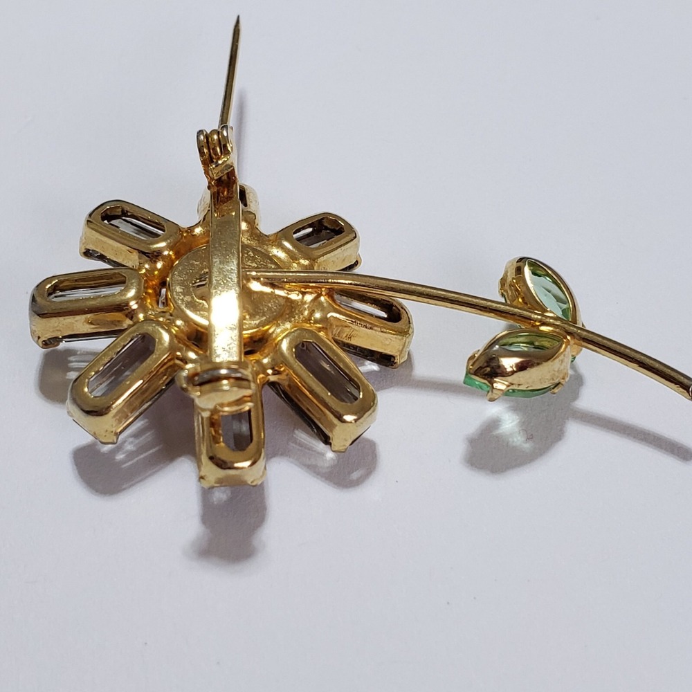 Vintage Pink Daisy Flower Gold Tone Brooch Smoke Rhinestones Unsigned Mid Cent - Picture 8 of 9
